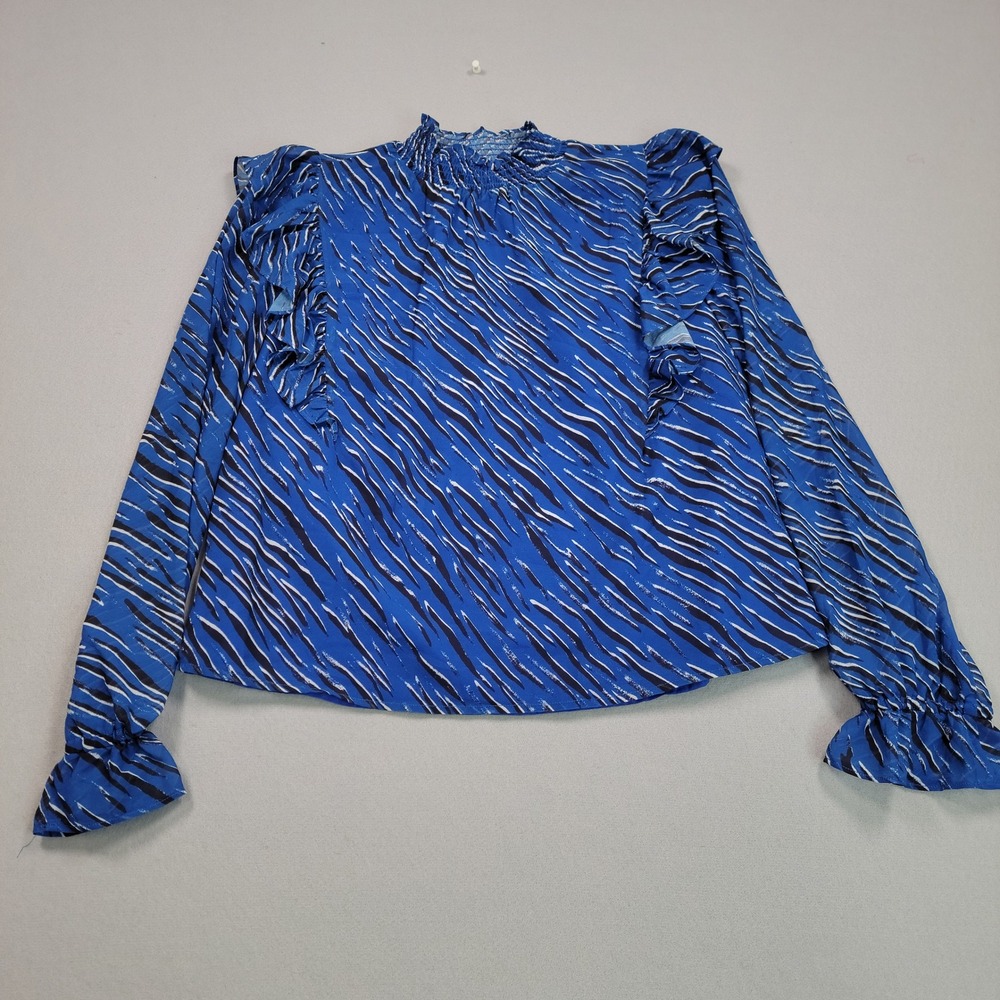 Steve Madden Womens Mock Neck Chiffon Top Blue Zebra Print Ruffle XL NWT - Picture 2 of 13